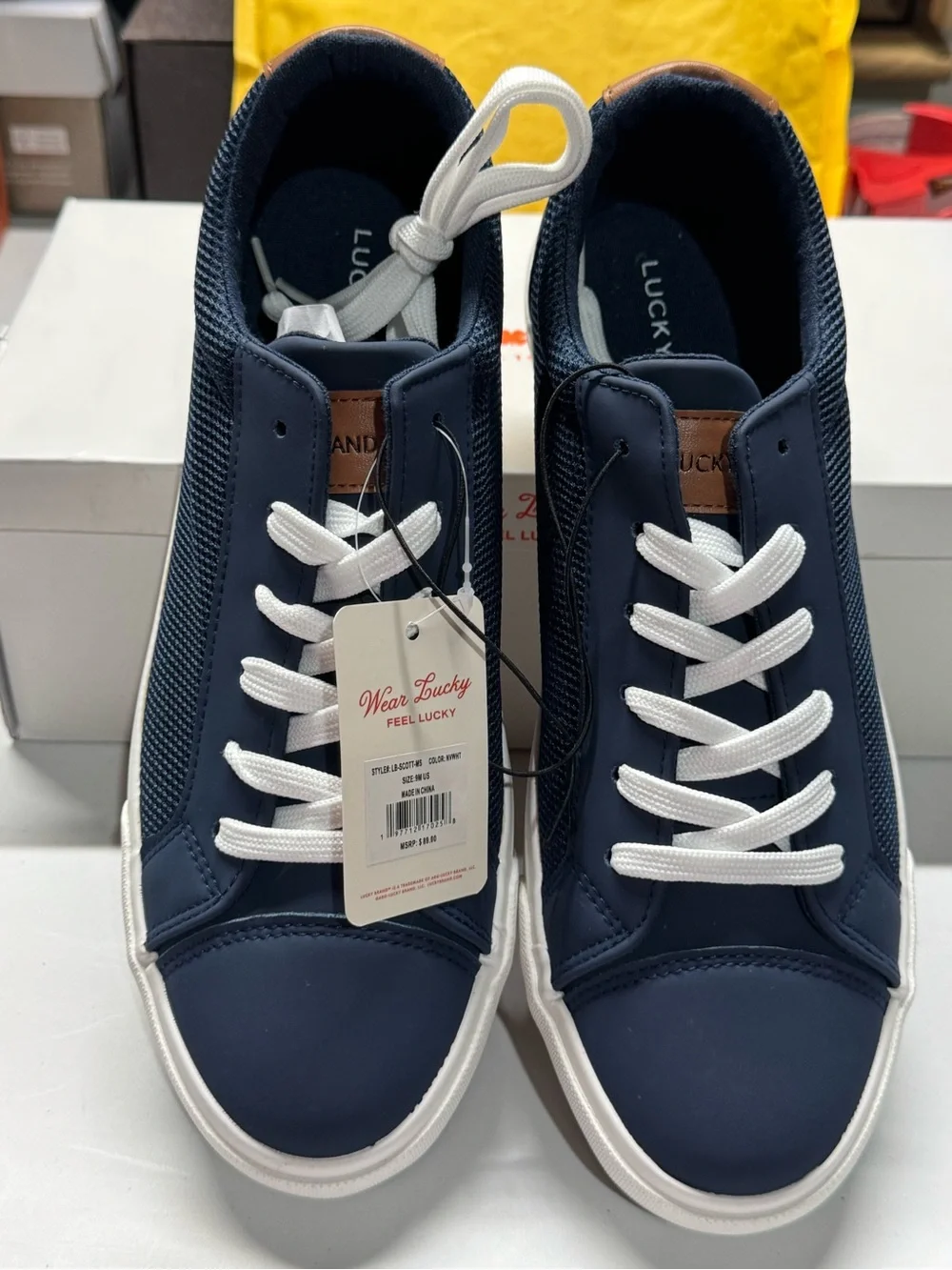 Men’s Lucky Brand Navy and White Low-Top Sneakers with Leather Tongue Tab